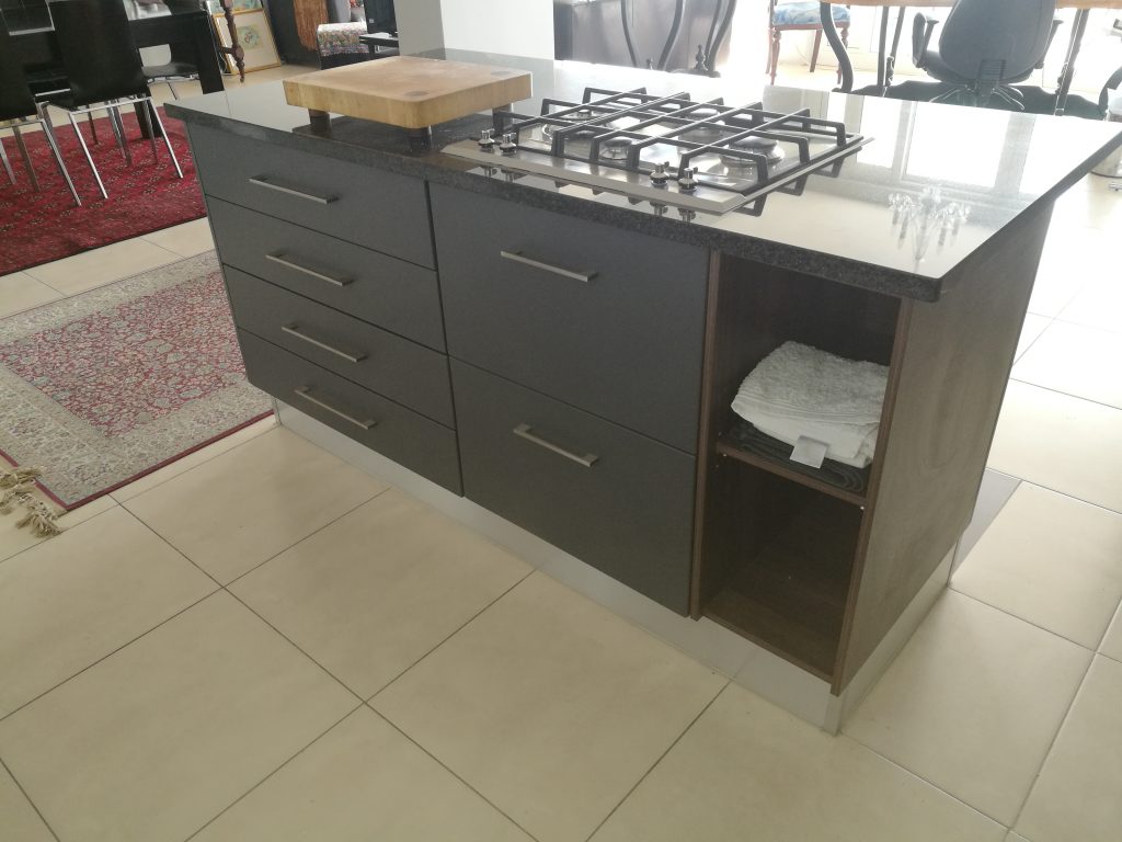 Wrap doors in Satin White and Charcoal with Walnut Melamine book shelf