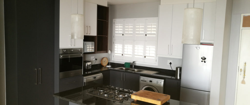 Wrap doors in Satin White and Charcoal with Walnut Melamine book shelf